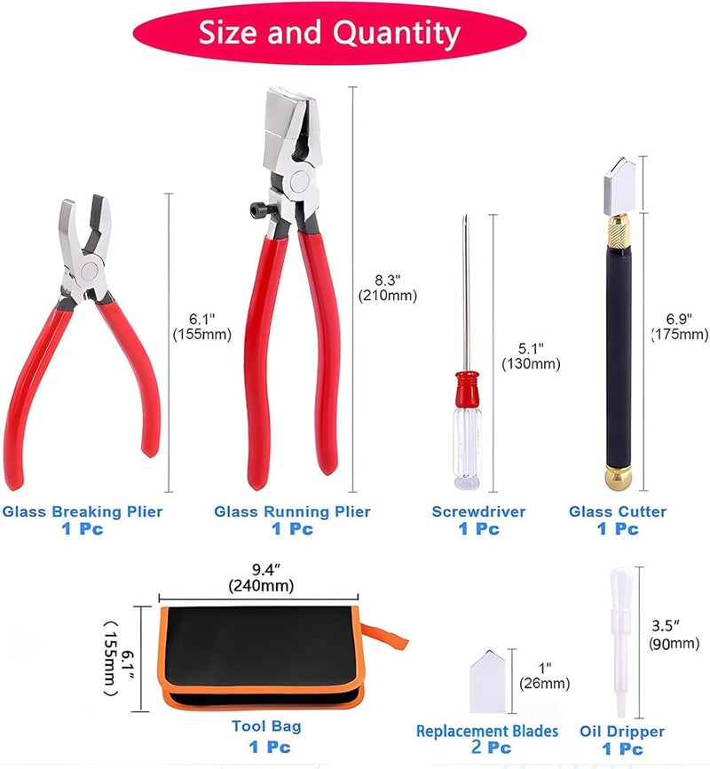 Tayfeim Glass Cutters Tools Set Glass Cutting Tool kit Glass Cutter Glass Running Pliers Breaker Grozer Pliers Stained Glass Tools with Curved Jaws Zipper Package - Image 2